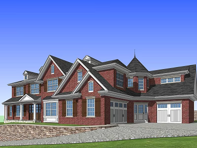Red Brick Detached House With Dark Roof Multiple Windows Stone Wall And Garage Driveway 3d model
