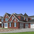 Red Brick Detached House With Dark Roof Multiple Windows Stone Wall And Garage Driveway