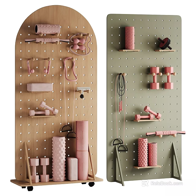 Sports Equipment Organized on Pegboard Wall With Dumbbells Resistance Bands Yoga Rollers And Jump Ropes 3d model 