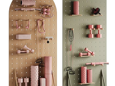 Sports Equipment Organized on Pegboard Wall With Dumbbells Resistance Bands Yoga Rollers And Jump Ropes 3d model