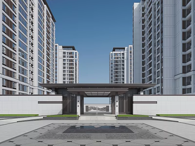 Entrance Gate of Modern High Rise Residential Buildings With Covered Porch and Symmetrical Design 3d model