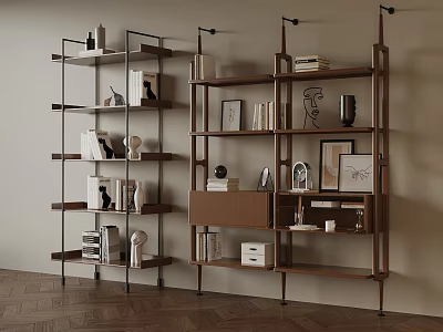 Modern Wooden And Metal Bookshelf With Books Decorative Items And Photo Frames 3d model