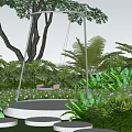 Lush Outdoor Garden Area With Hanging Swing And Green Plant Foliage