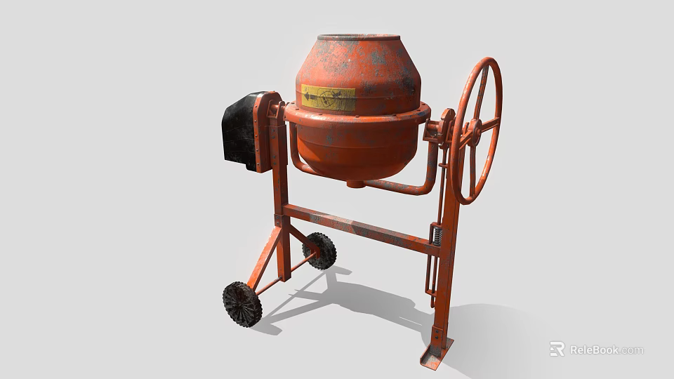 Orange Industrial Concrete Mixer With Metal Stand Wheels And Rotating Drum 3d model 