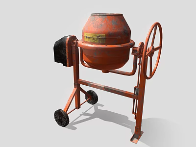 Orange Industrial Concrete Mixer With Metal Stand Wheels And Rotating Drum 3d model