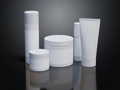 White Perfume Cosmetic Containers with Various Shapes Bottles Jars Tubes on Black Background with Reflections 3d model