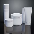 White Perfume Cosmetic Containers with Various Shapes Bottles Jars Tubes on Black Background with Reflections