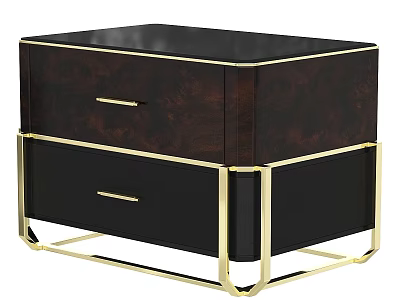 Elegant Dark Wood Nightstand With Black Drawers And Gold Metal Frame 3d model