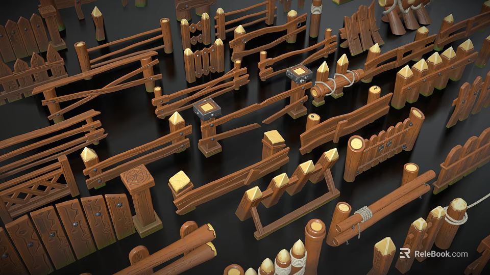 Various Wooden Fence Components With Picket Gates Railings And Decorative Posts 3d model 