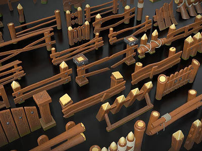 Various Wooden Fence Components With Picket Gates Railings And Decorative Posts 3d model