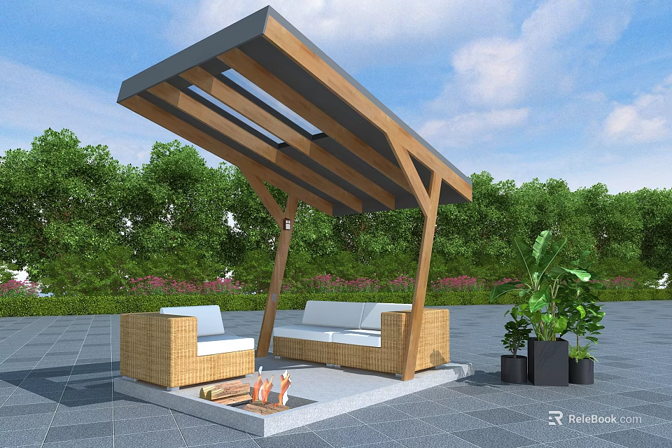 Outdoor Wooden Pergola with Sloped Roof Wicker Sofas Fire Pit Green Trees and Blue Sky 3d model 