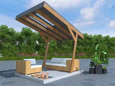Outdoor Wooden Pergola with Sloped Roof Wicker Sofas Fire Pit Green Trees and Blue Sky 3d model