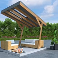 Outdoor Wooden Pergola with Sloped Roof Wicker Sofas Fire Pit Green Trees and Blue Sky