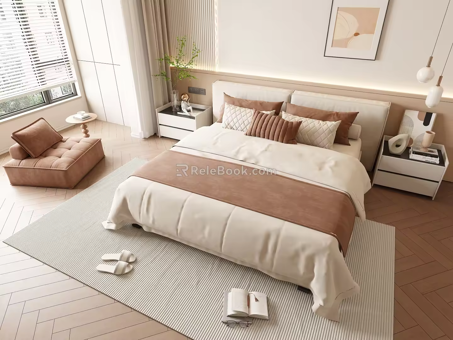 Modern Cream Style Double Bed Fabric Double Bedside Table Small Chandelier Lazy Sofa 3d model