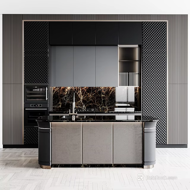 Modern Kitchen With Dark Cabinets Marble Island And Black Backsplash 3d model 