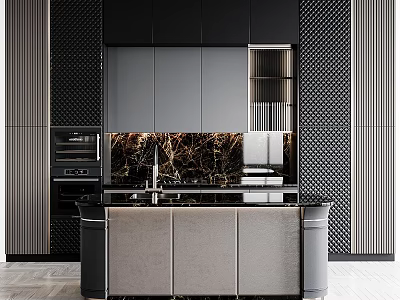 Modern Kitchen With Dark Cabinets Marble Island And Black Backsplash 3d model