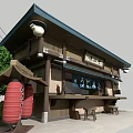Cartoon Scene of Japanese Style Shop With Green Roof Wooden Structure Utility Poles and Trees