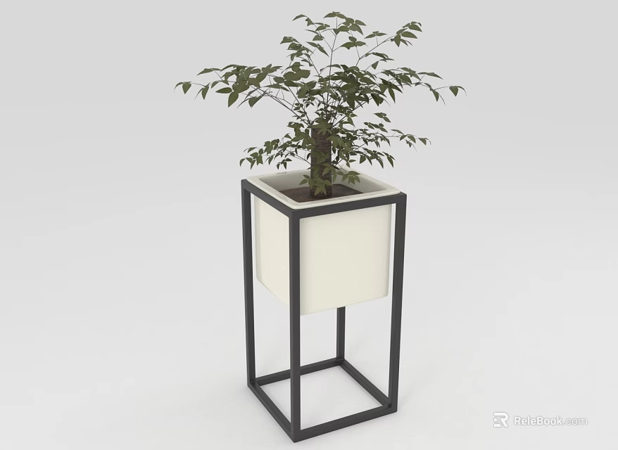Green Leafy Plant In Square Planter With Black Metal Frame And White Container 3d model 
