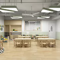 Kindergarten Classroom Interior Design With Wooden Tables Chairs Wall Decorations And Teepee