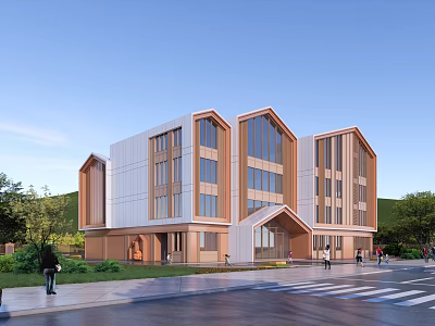 Modern School Building Exterior With Geometric Structure Orange White Facade Large Windows And Green Lawns 3d model