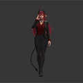 Demon Character In Professional Attire With Red Long Hair Horns Tail Three Views