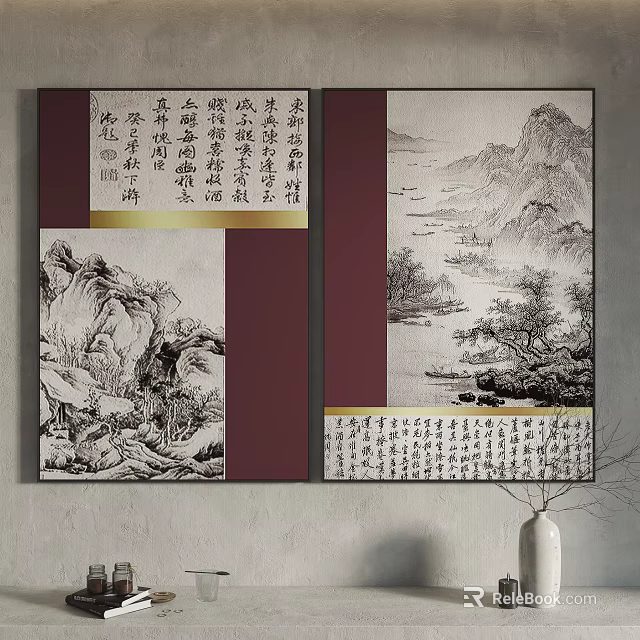 Traditional Chinese Calligraphy And Landscape Painting Two Panel Wall Art Decor 3d model 