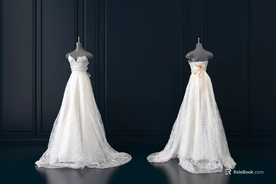 Two Elegant White Lace Long Wedding Dresses On Mannequins Against Black Background 3d model 