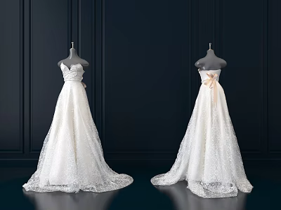 Two Elegant White Lace Long Wedding Dresses On Mannequins Against Black Background 3d model