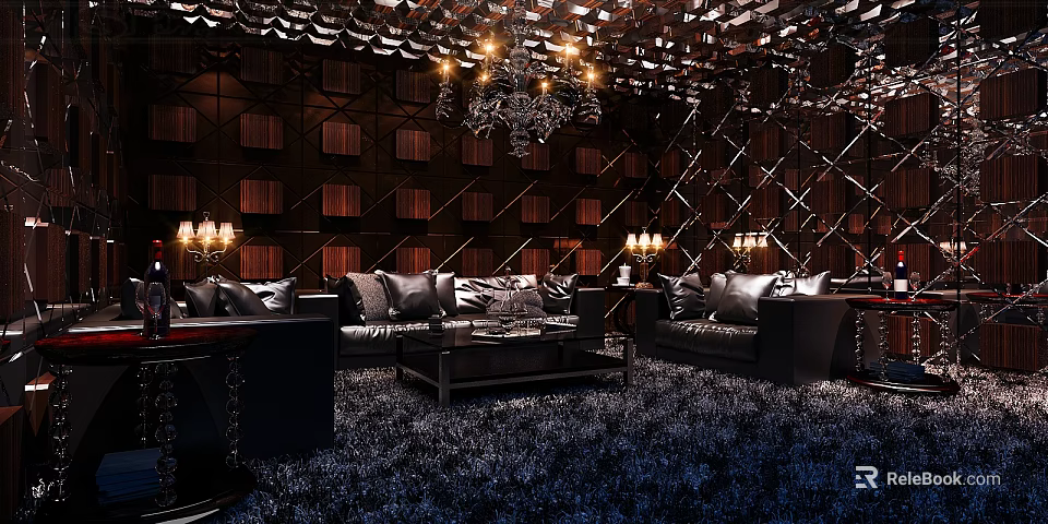 Luxurious Club Interior With Black Leather Sofas Chandelier And Decorative Walls 3d model 