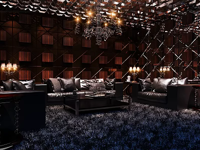 Luxurious Club Interior With Black Leather Sofas Chandelier And Decorative Walls 3d model