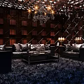 Luxurious Club Interior With Black Leather Sofas Chandelier And Decorative Walls