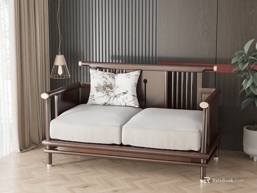 Elegant Two Seater Sofa With Wooden Frame Light Gray Cushions Patterned Pillows And Dark Wooden Wall 3d model 