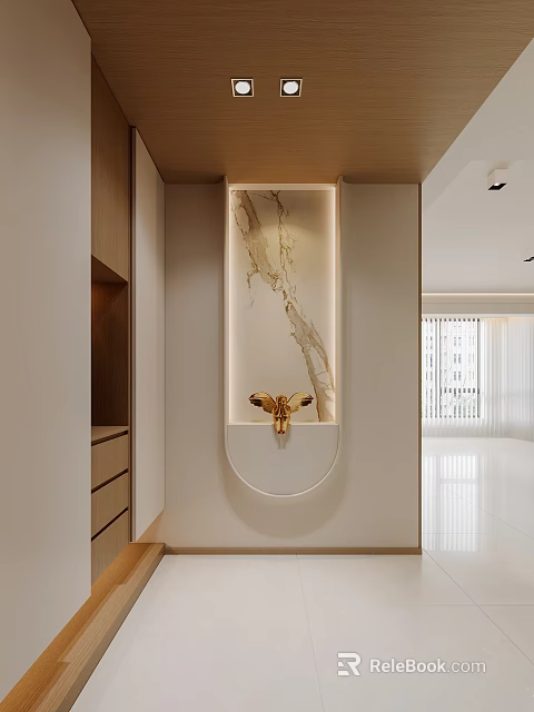 Elegant Foyer Hallway Interior With Marble Wall Panel And Golden Decor Lighting 3d model 