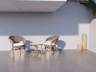 Wicker Table And Two Chairs Set With Gray Wall Gray Tiled Floor And Wicker Decor 3d model