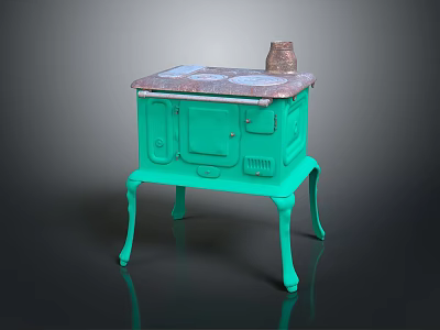 Vintage Green Kitchen Stove With Four Burners Clay Pot Cabinet Doors And Curved Legs 3d model