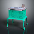 Vintage Green Kitchen Stove With Four Burners Clay Pot Cabinet Doors And Curved Legs