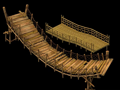 Rustic Wooden Bamboo Bridge With Plank Walkway And Bamboo Railings Design Structure 3d model