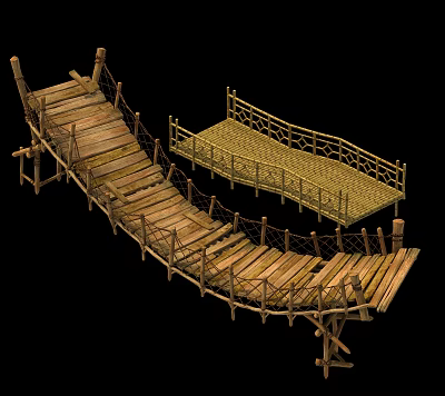 Rustic Wooden Bamboo Bridge With Plank Walkway And Bamboo Railings Design Structure 3d model