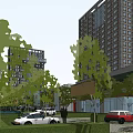 Modern High Rise Office Buildings With Green Landscaping And Surrounding Trees