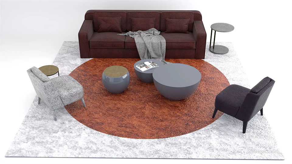 Modern Brown Sofa With Gray Throw And Round Coffee Table Set On Orange Rug 3d model