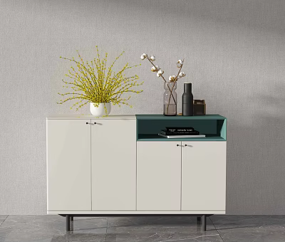 Modern Entryway Console Side Cabinet With White Finish Green Accent And Decorative Plants 3d model