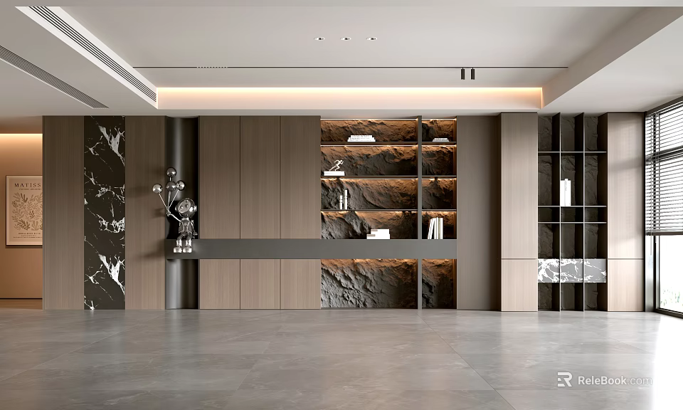 Modern Living Room Interior With Wooden Shelves Marble Wall And Open Space 3d model 