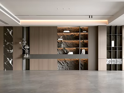 Modern Living Room Interior With Wooden Shelves Marble Wall And Open Space 3d model