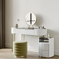 Modern White Dressing Table With Round Gold Frame Mirror Green Stool And Storage Cabinet 3d model