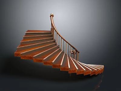 Elegant Spiral Staircase With Wooden Steps And Curved Metal Railings 3d model
