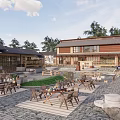Traditional Homestay Architecture With Courtyard Seating Areas And Surrounding Green Trees