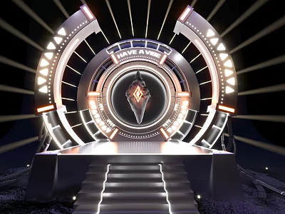 Futuristic Stage With Illuminated Decorations Central Emblem Steps And Circular Structure Lighting Effects 3d model