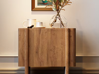 Wooden Corner Table With Vase Flowers And White Cups Home Decor 3d model