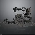 Intricate Metal Dragon Sculpture With Curled Body Wings And Decorative Key Elements