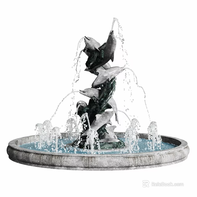 Decorative Outdoor Fountain With Dolphin Statues In Stone Basin And Flowing Water Features 3d model 